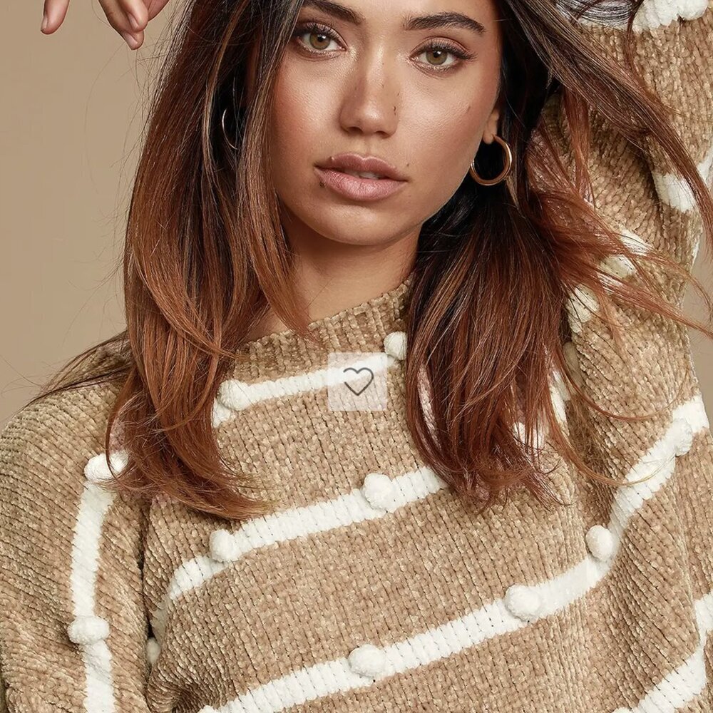 NWT Lulus Cozy Times White and Beige Striped Chenille Knit Pom-Pom Sweater​